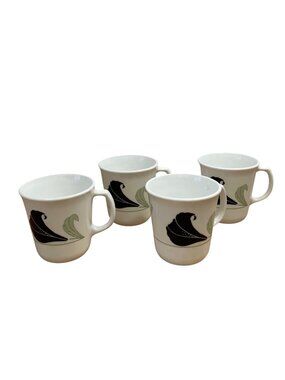 Vtg Corelle Black Orchid Coffee Mugs Cups Green White Floral Set 4 Corning USA